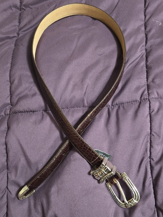 Brighton Accessories - Brighton Dark Brown Croc-Embossed Leather Belt with Black Logo Tag Size Medium